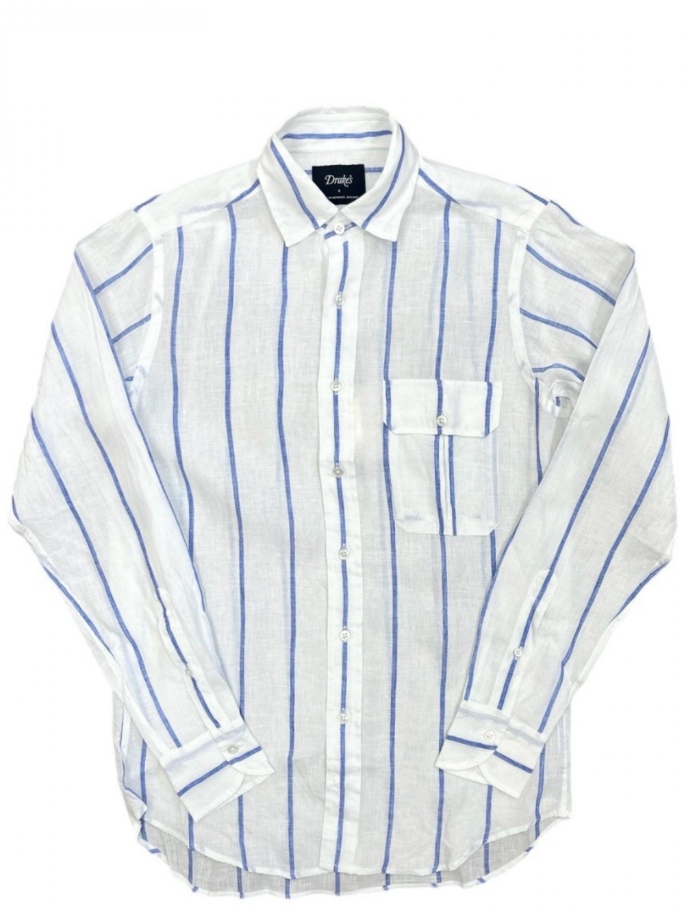 Drakes Made in England Wide Navy Stripe Linen Button Down Size Small